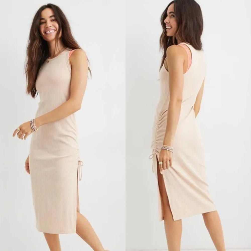 Aerie Cream‎ Ruched Ribbed Fitted Midi Dress